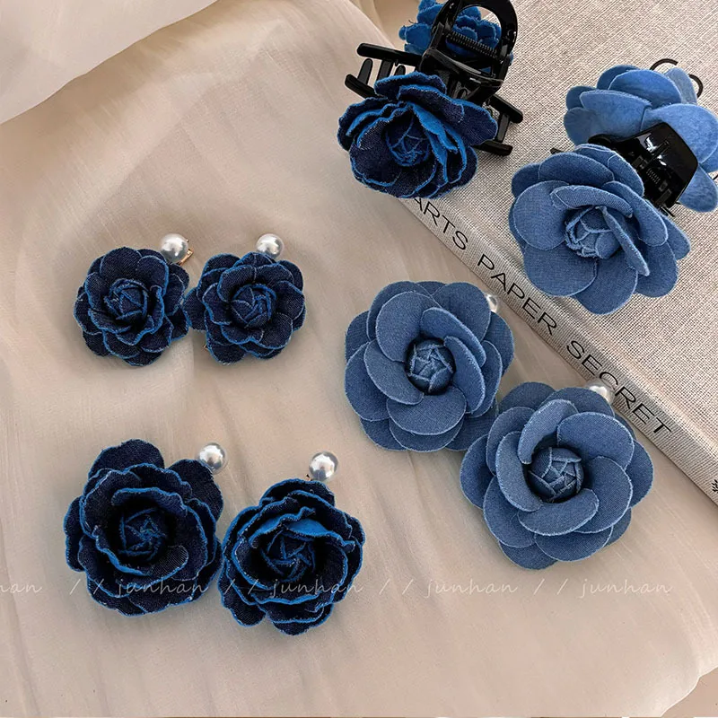 Denim Rose Barrettes Elegant Head clip Grab clip Design Sense Hair Claw Pearl Cropped Hair Clip Blue Hair Accessories for Women