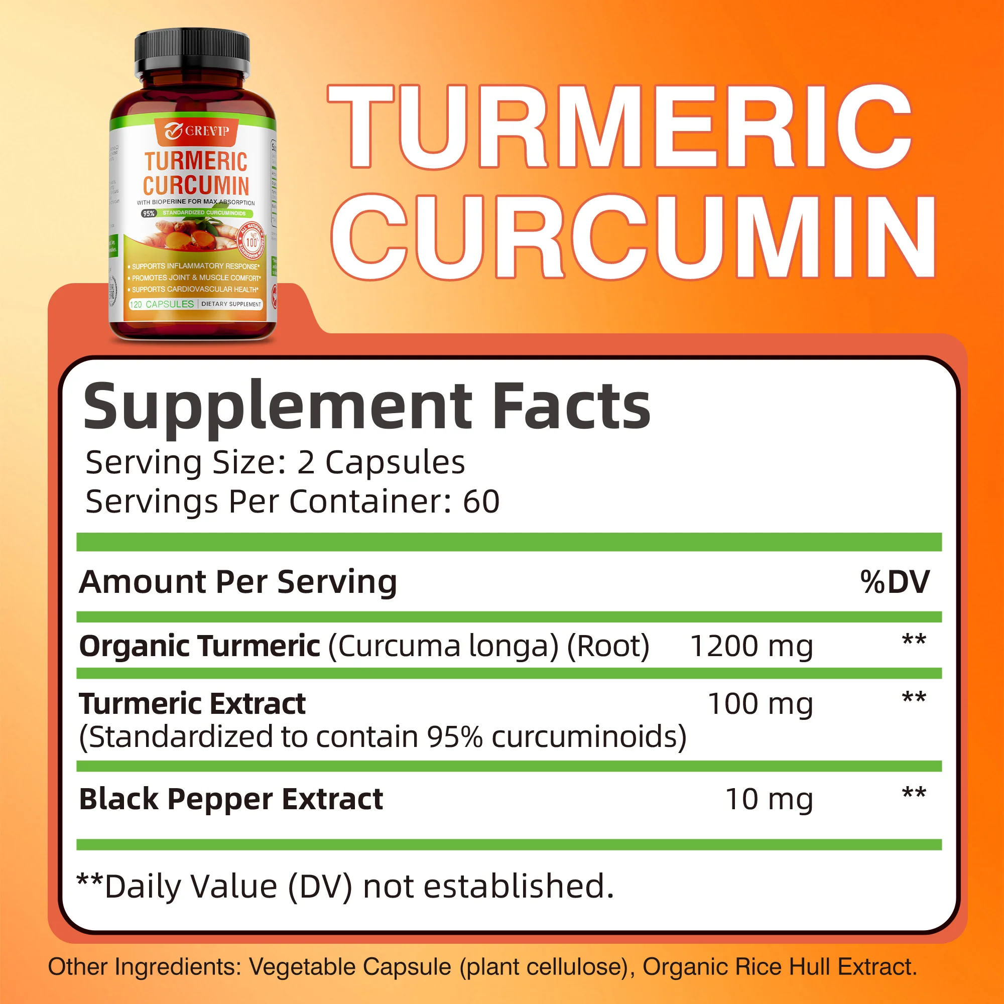 Turmeric Curcumin Supplement - Support Muscle, Bone and Brain Health, Improve Joint Mobility, Increase Cellular Energy, Non-GMO