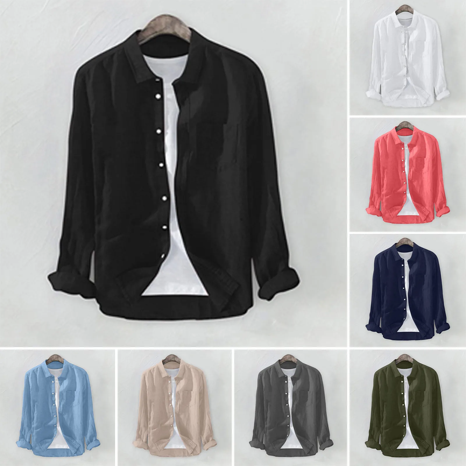 قمصان كتان فضفاضة بأكمام طويلة للرجال ، قمصان بسيطة ، طية صدر السترة العادية اليومية ، بلون واحد ، كاجوال ، الربيع ، الصيف