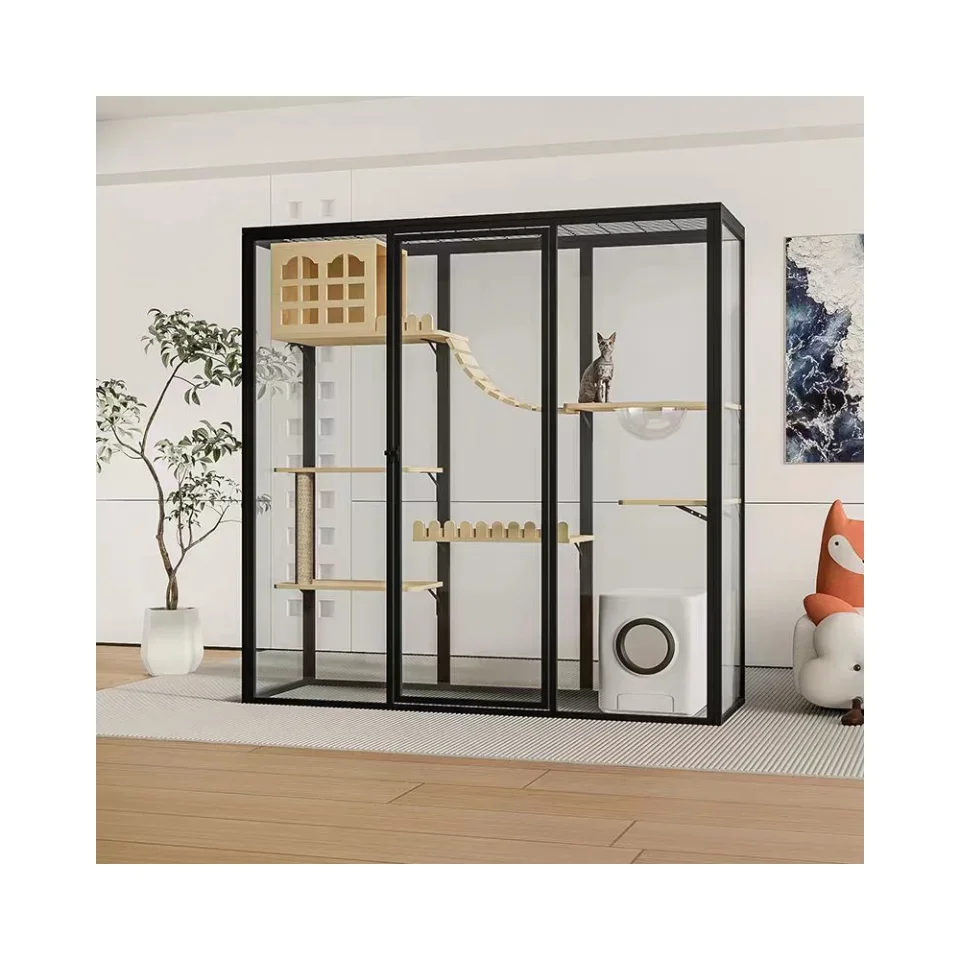 

Роскошный кошачий домик на заказ, панорамная алюминиевая рама, квадратный шкаф для ползания из закаленного стекла, серия 6000, гибочная сварка в комплекте