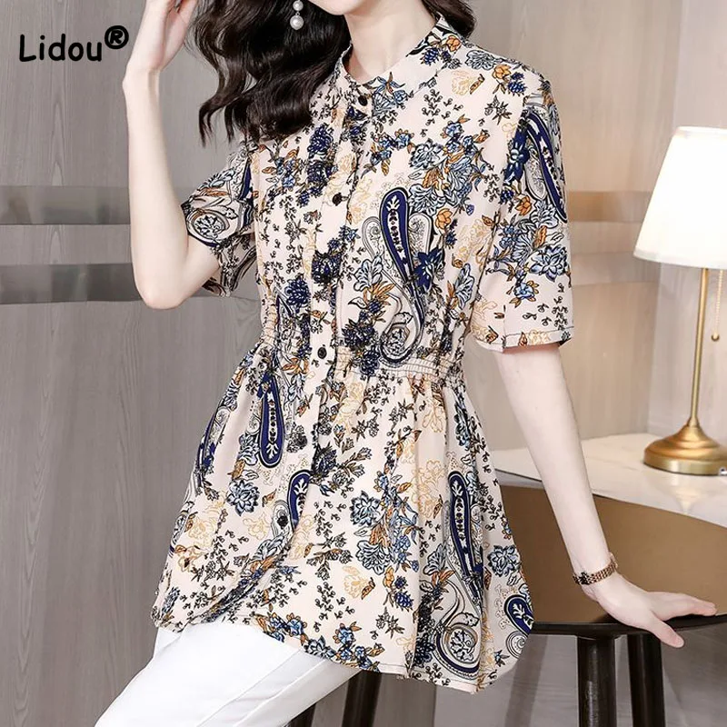 

Elegant Vintage Printing Short Sleeve Shirt Summer Women's Clothing Casual Fashion Single-breasted Waist Chiffon Blouse Female