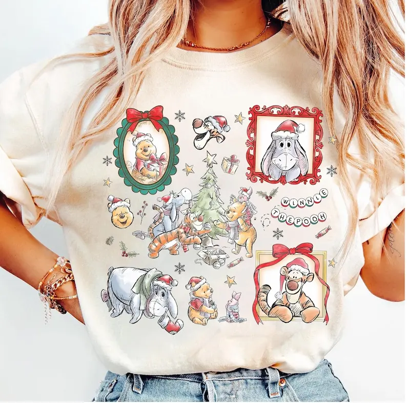 

Watercolor Disney Winnie The Pooh Christmas Coquette Bow Shirt Pooh Tigger Eeyore Piglet Christmas Shirt Disneyland Matching