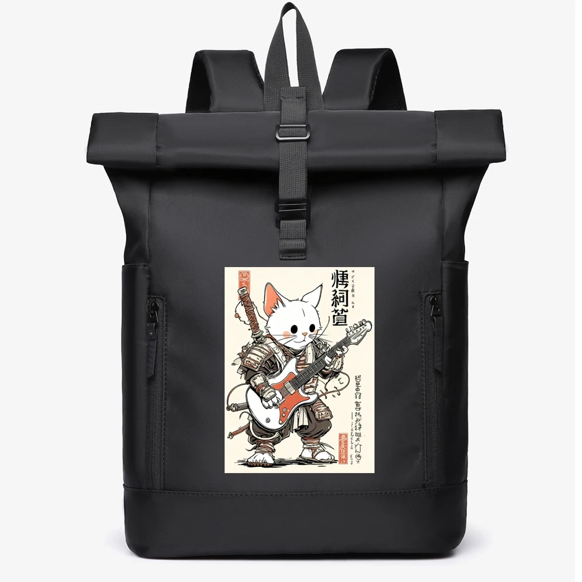 

Large 15.6 Inch Laptop Backpack Japanese Samurai Cat Playing Electric Guitar Printed Men Women's Business University Backpack