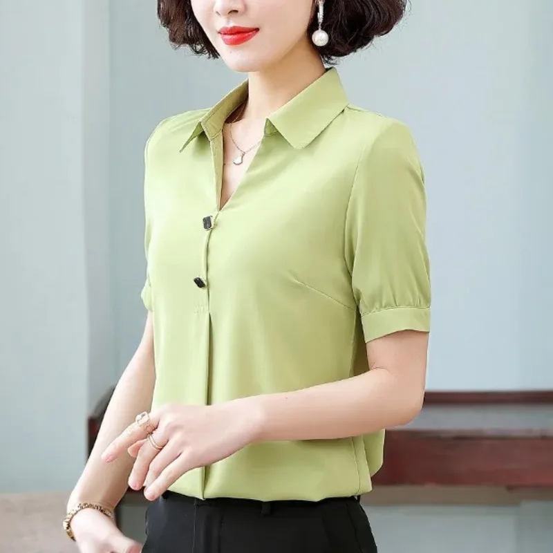 Women\'s Solid Color V-Neck Summer Pullover Button Turn-down Collar Short Sleeve T-shirt Loose Office Lady Flattering Tops