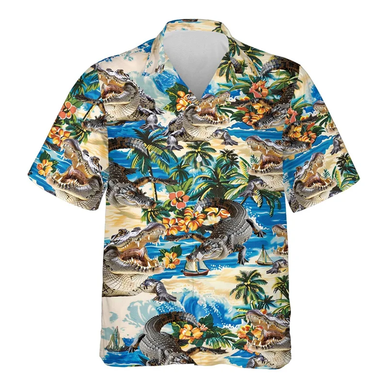 Camisa havaiana dos homens impressa em 3D engraçado animal, crocodilo padrão Aloha camisas, solta casual manga curta lapela blusas, verão