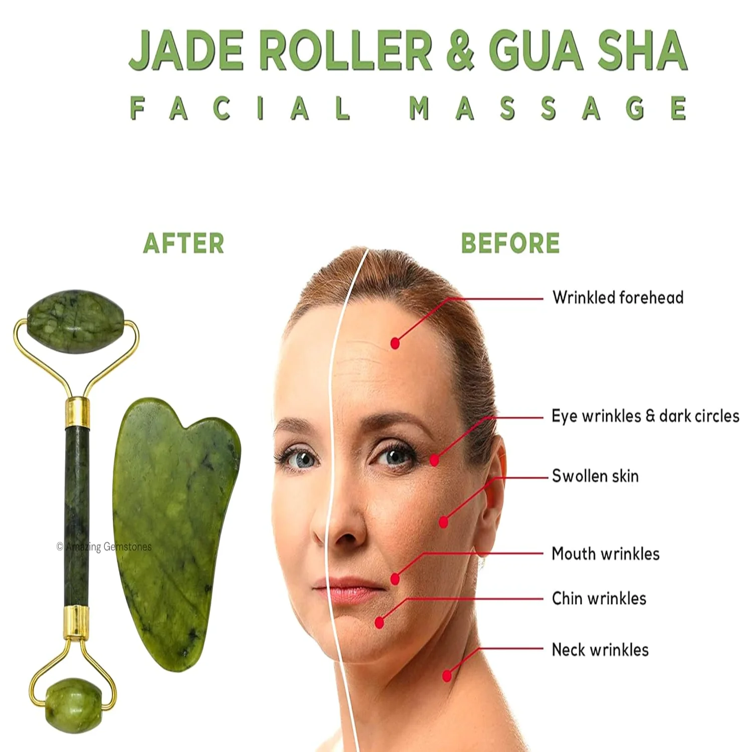 Rodillo de jade para rostro con Jade Gua Sha - Regalos para el día de la madre Rodillo facial Herramienta para esculpir rostro para el cuidado de la piel - Adecuado para hombres y mujeres -