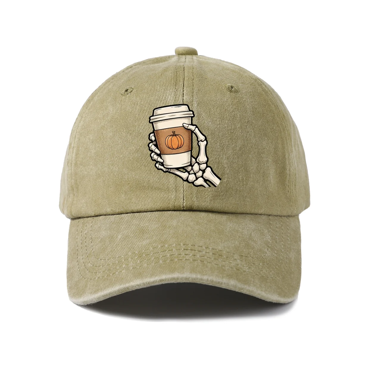Skeleton Hand Coffee Cup Graphic Baseball Cap, Vintage Washed Adjustable Unisex Dad Hat, Everyday Gift