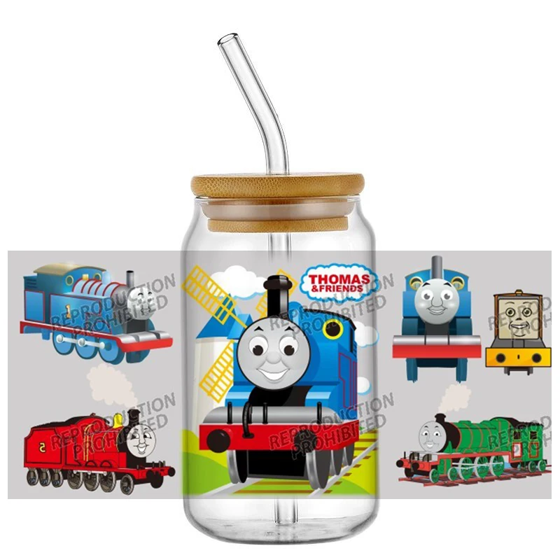 Cute Cartoon Train UV DTF Wraps Colorful Engine Stickers for 16oz Glass Cans Waterproof DIY Transfer Decals