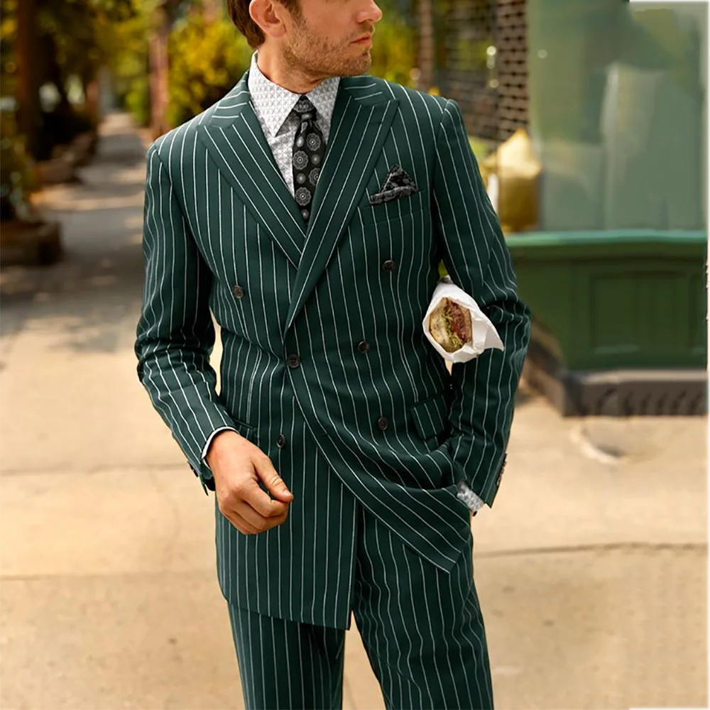 

Casual Striped Suit For Man Tailored Two Pieces Elegant Peaked Lapel Double Breasted Outfit Business Office Formal Wedding Suit