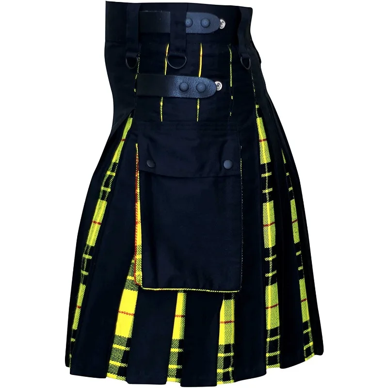 Kilts-Men's Plus Size Scottish Hybrid Black Cotton & Tartan Utility Kilts with Leather Straps Kilts for Men