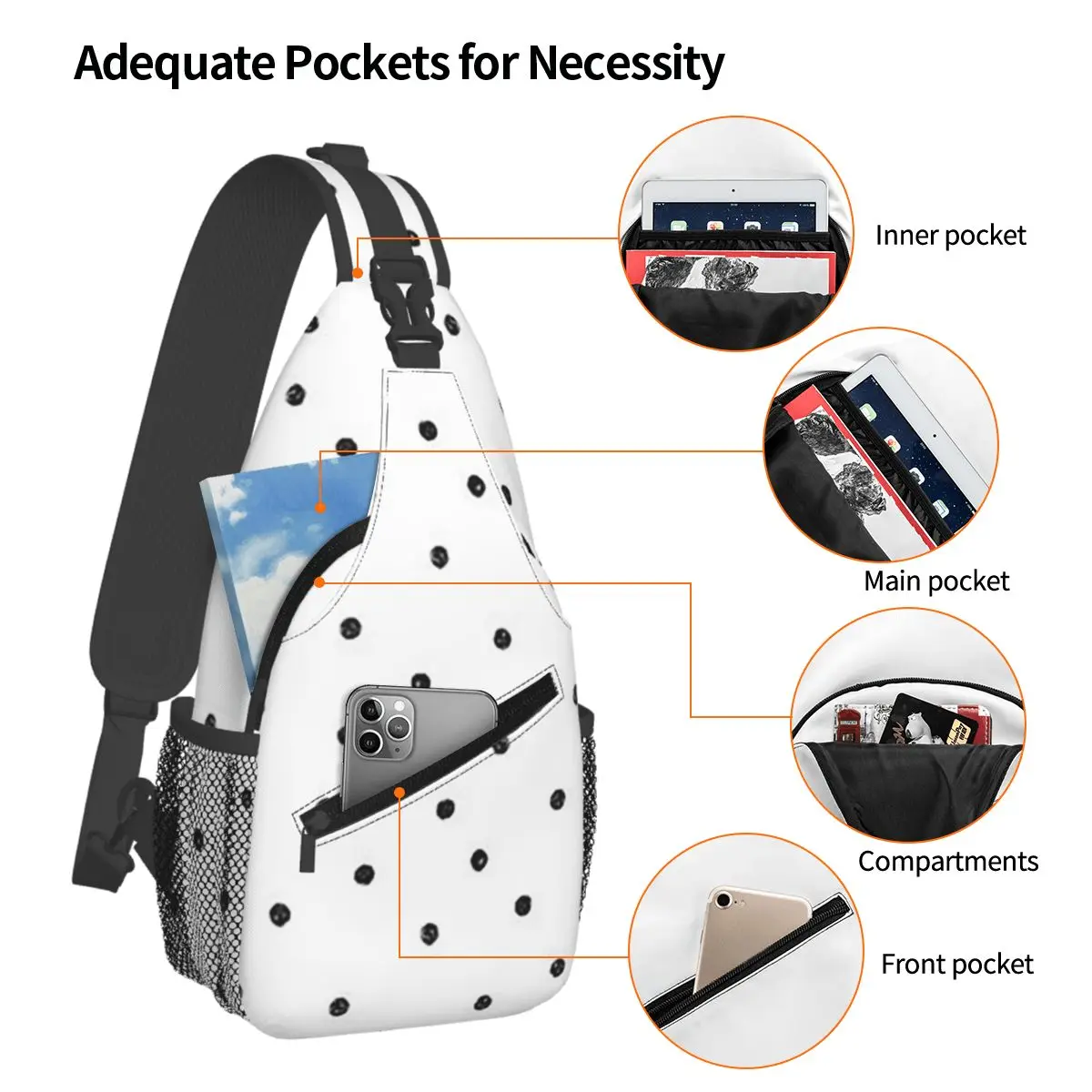 Black White Polka Dot Chest Bag Men Sling Crossbody Backpack Chest Bag Travel Hiking Daypack Shoulder Bag