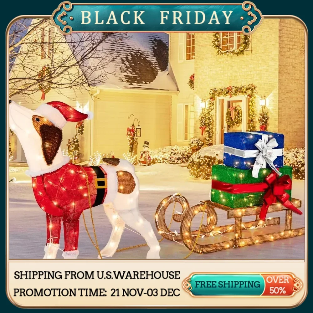 Christmas Dog Combination Decoration with Sled and Gift Box, Christmas Decoration with 170 Warm and Bright Lights