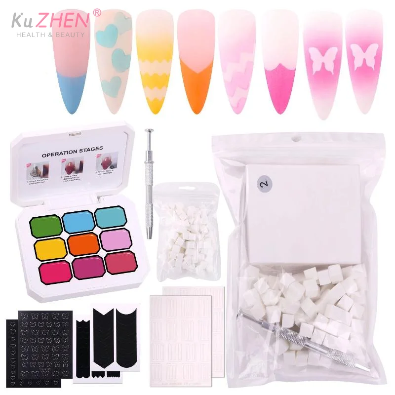พาเลทเจลเพ้นท์เล็บไล่สี 9 สี พร้อมฟองน้ำขนาดเล็ก 100 ชิ้น และสติกเกอร์ เจลทาเล็บแบบฝรั่งเศสไล่สี สำหรับทำเล็บสีสันสดใส