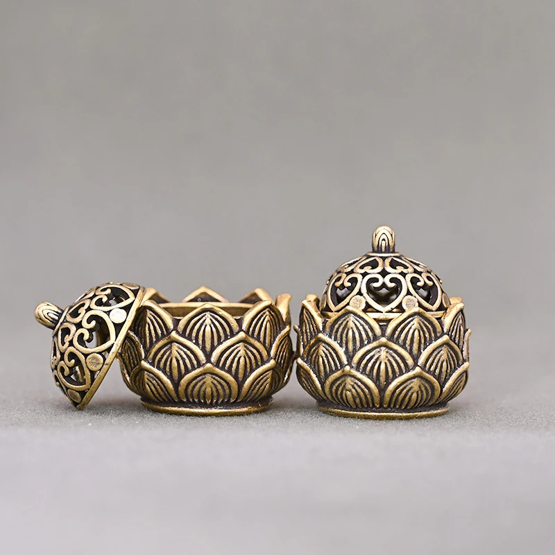 Retro Brass Lotus Incense Burner, Mini Hollowed Metal Censer, Desk Organizer, Zen-Inspired Decor Gift for Home or Tea Room