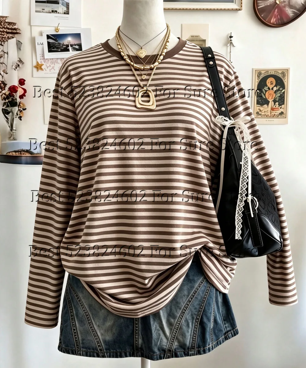 Y2K Striped Long Sleeve T‑Shirt For Women MORE AMOR POR FAVOR Letter Crew Neck Loose Casual Tops Streetwear Vintage Daily Wear