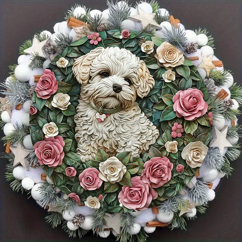 Aluminum Metal Dog Art Sign Set, Waterproof Bichon-Inspired Pet Decor with Floral Wreath, Wall Art for Indoor and Outdoor Spaces