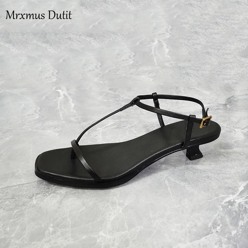 Mrxmus Dutit2024 New Spring Summer Women Genuine Leather T-strap Sandals Mid Heel Sandals Solid Casual Elegant Shoes Female Chic