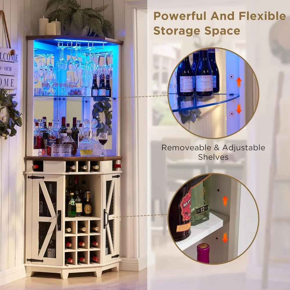 OKD-Armoire de rangement pour bar d'angle, grand meuble de bar à vin de ferme avec porte de grange et étagère réglable, armoire de bar domestique avec lumière LED, 72 po