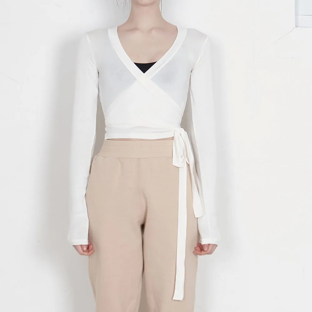 Women's Summer Yoga Shirts Cross Wrap Tie Front Long Sleeve Workout T Shirts Sexy Deep V Neck Slim Fit Casual Cropped Tops