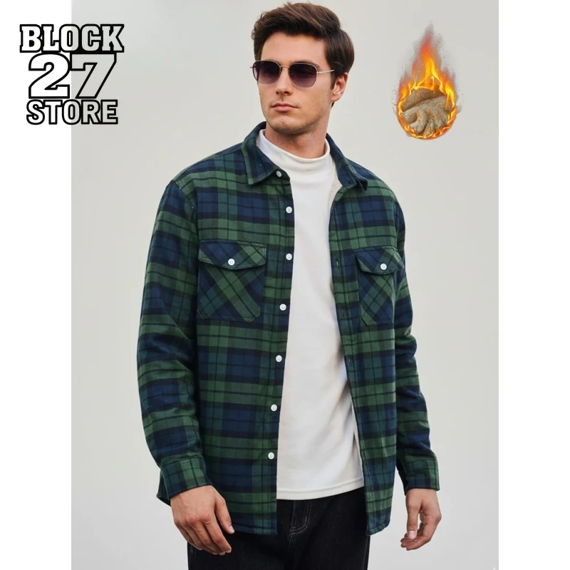 

Mens Cotton Jacket Fleece Lining Plaid Casual Button Down Cargo Coat Thick Warm Winter Fit Outerwear Streetwear Harajuku Fashion