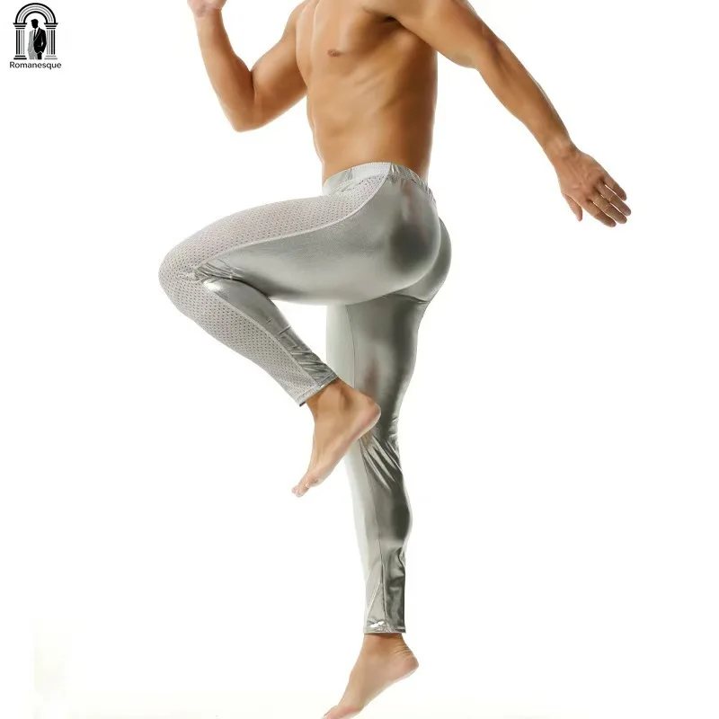 Men Sexy Gloss See-through Mesh Splice Compression Tights Hollow Side Slim Fit Elastic Waist Workout Bodybuilding Long Leggings