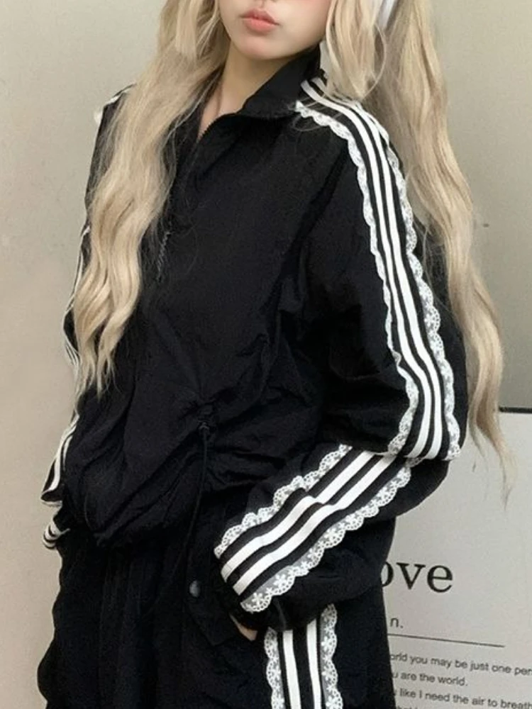 Fashion Lace Patchwork Striped Sun Protection Women Jacket Causal Zipper Design Coat Harajuku Female Chic Korean Popular Clothes