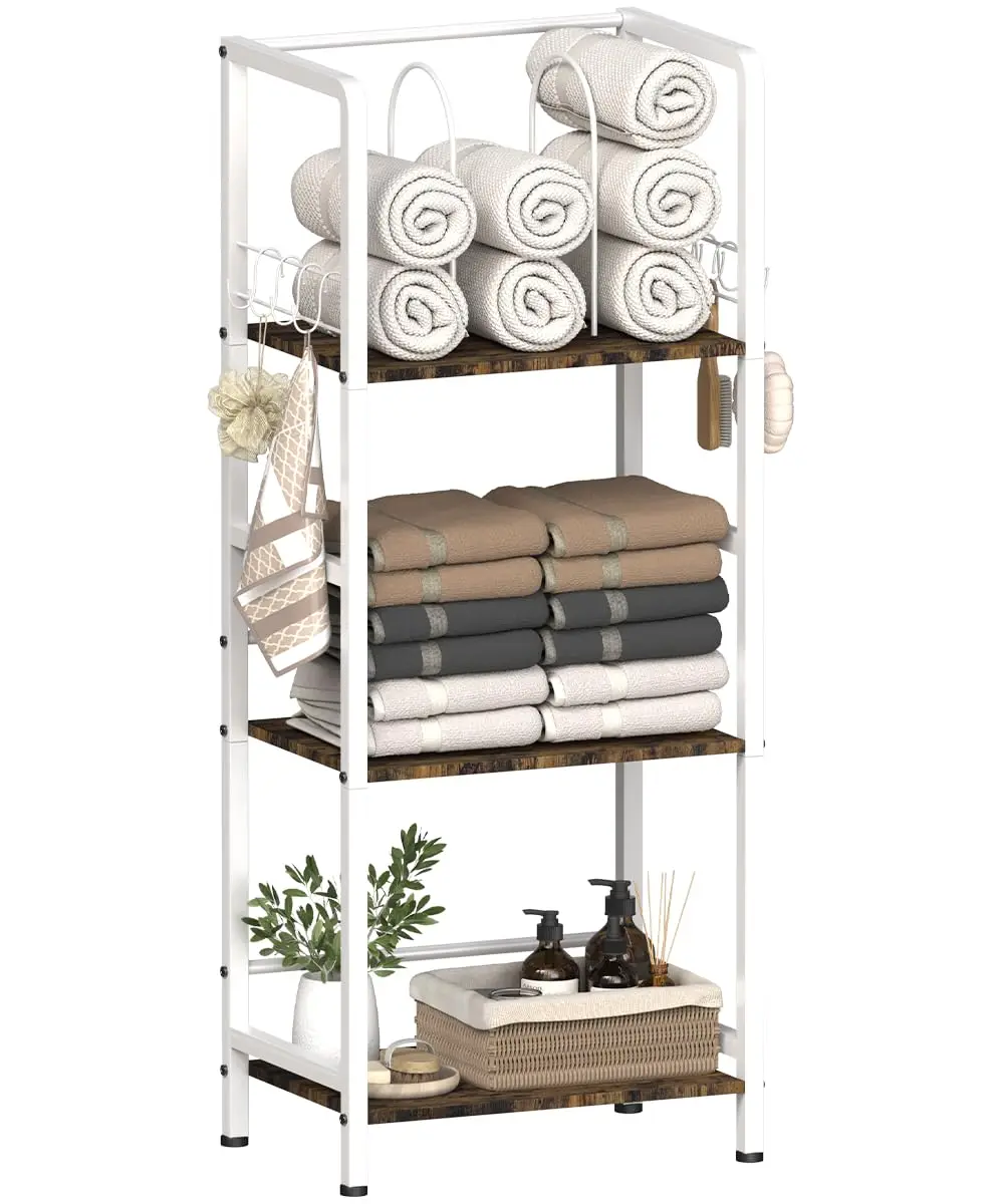 

3-Tier Freestanding Towel Rack With Shelves And S-Hooks For Bathroom Poolside Storage