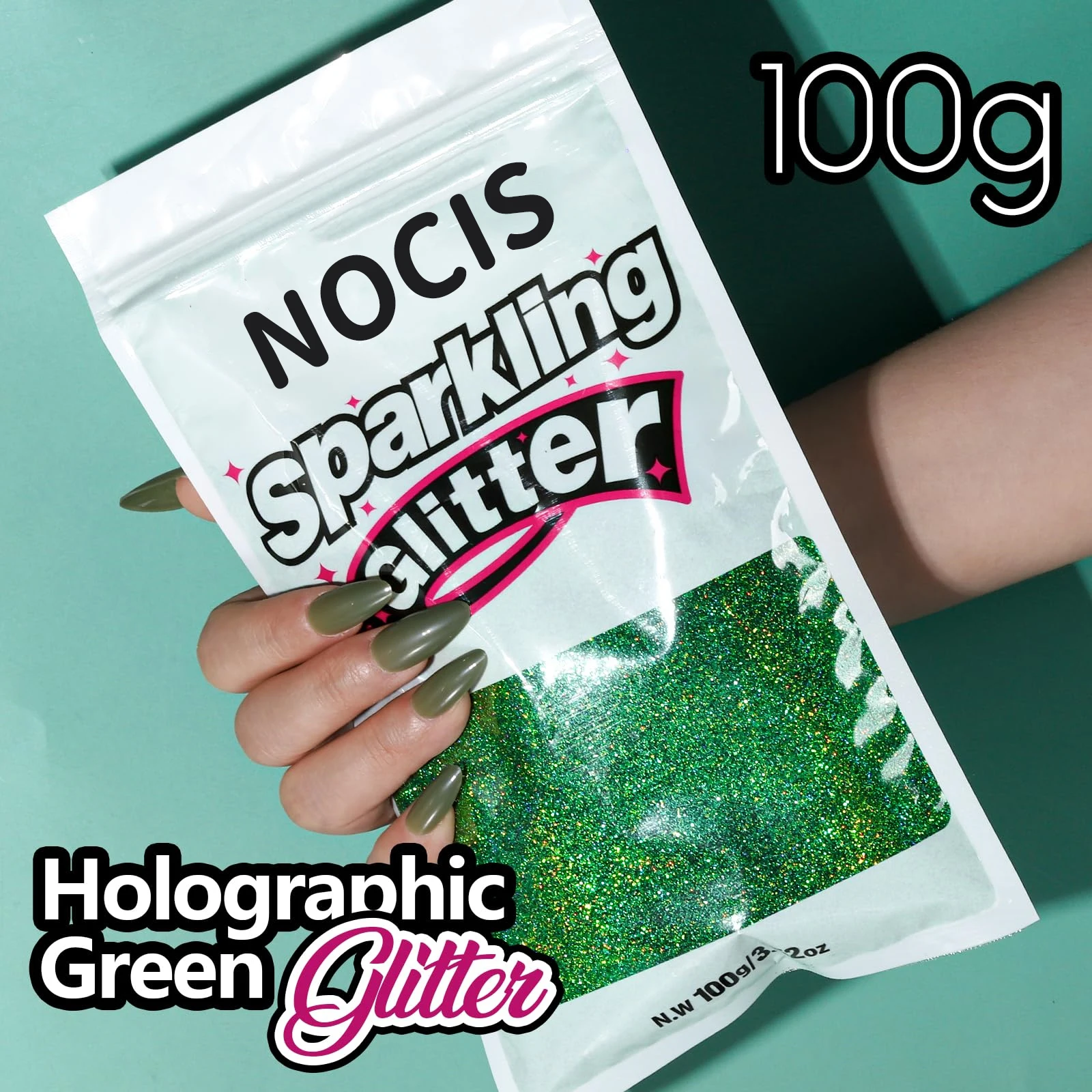 NOCIS 100g/3,5oz Grüner Glitzer |   Holografischer Feinglitter für Bastelarbeiten, Harz, Blumen, Schmuck, Partydekoration Nicht verfärbend