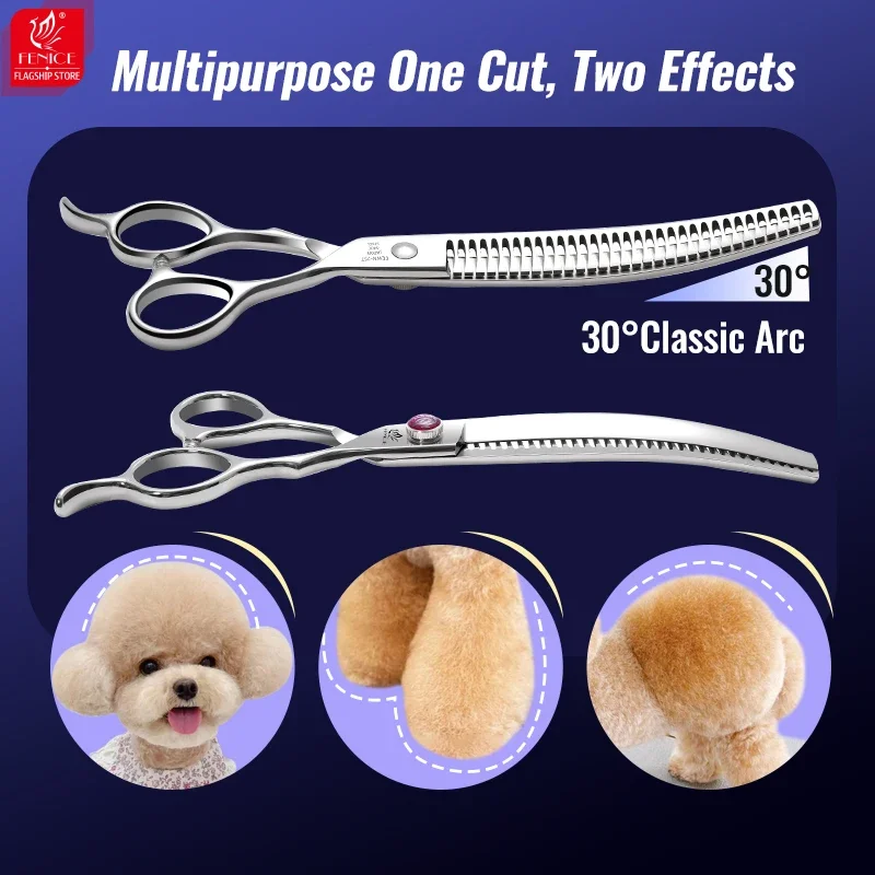 Fenice Dog Beauty Scissors 7.0/7.5/8 inch Professional Dog Grooming Scissors Straight/Curved Chunker Shears Shark Teeth JP440C