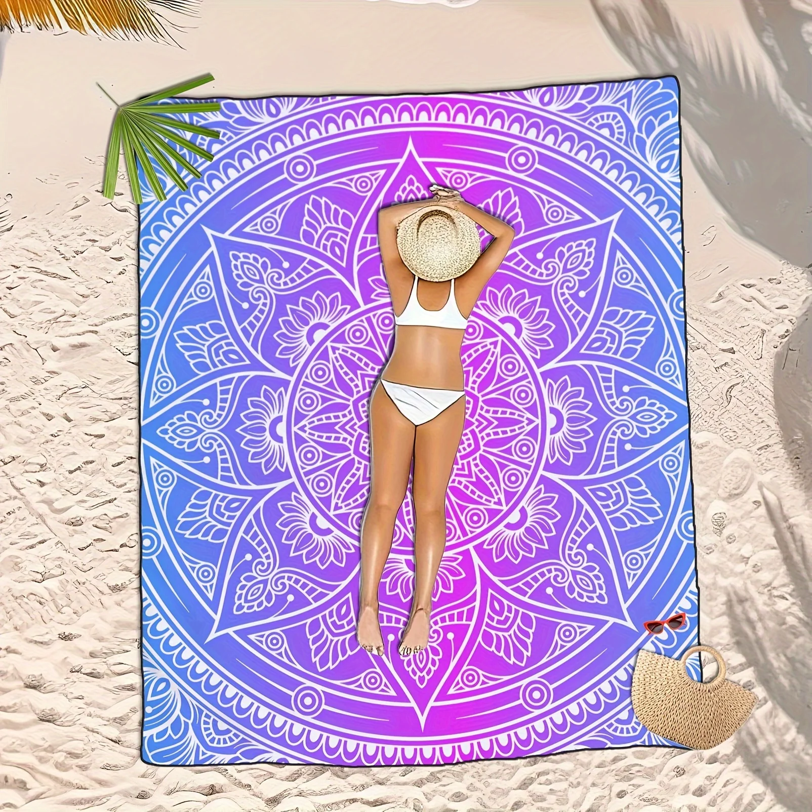 VIKAMA Purple and Blue Mandala Beach Blanket Bohemian Style Sand-Proof Portable Foldable Outdoor Picnic Blanket