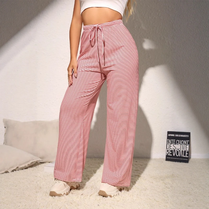 

Большие европейские и американские пижамные штаны в полоску с завязками, эластичные и универсальные модные повседневные длинные женские домашние брюки