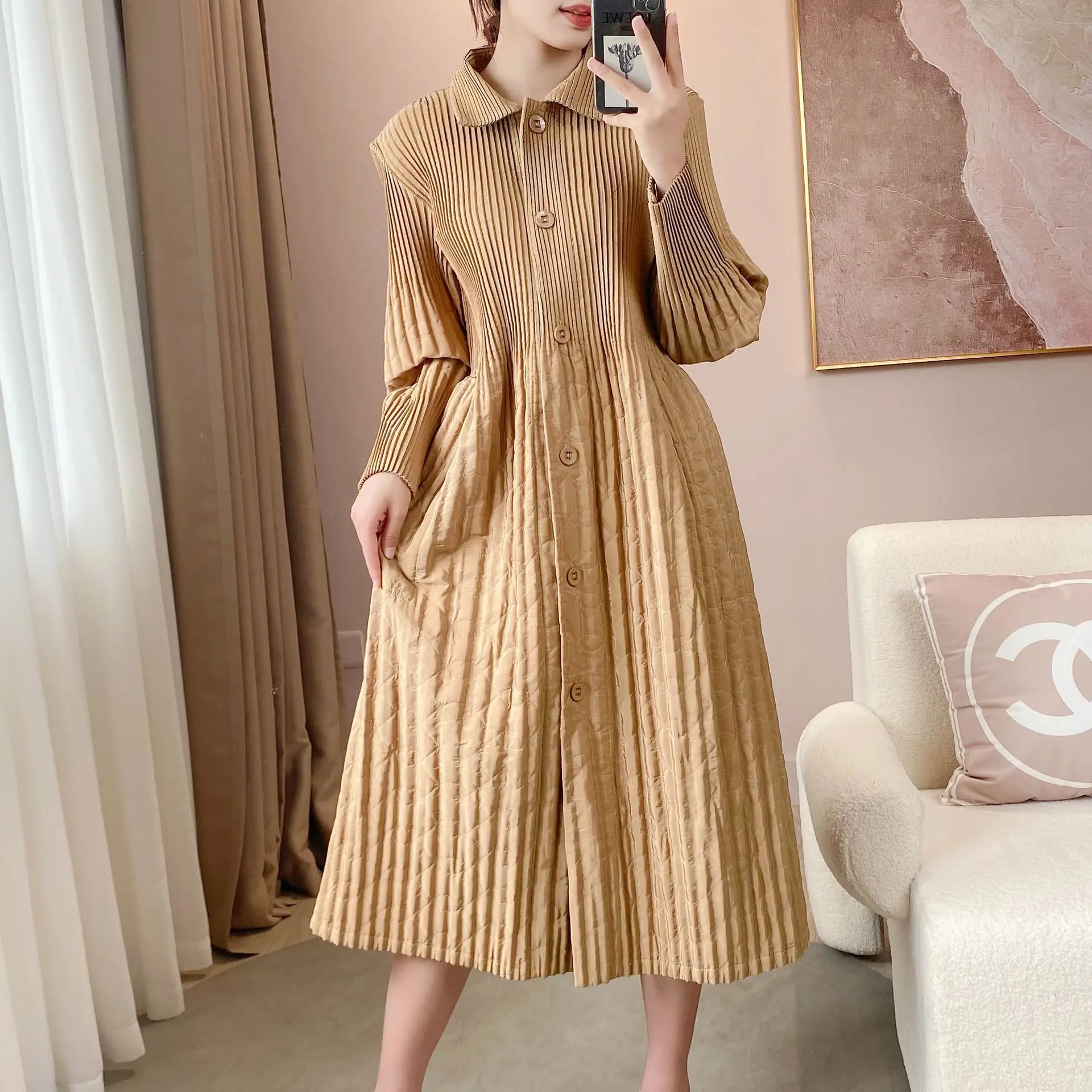 

Pleated 2023 Autumn Winter New Cotton Coat Mid-length Trench Coat Temperament Lapel Goddess Versatile and Age-reducing