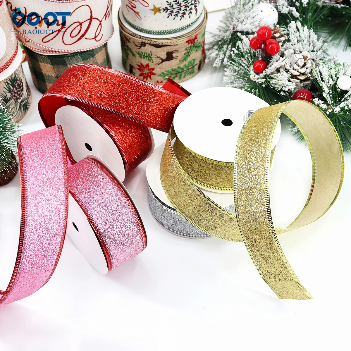 Christmas Wired Edge Ribbons 2.5in x 10yd Wide Dots Wired Ribbons for DIY Christmas Wreath Bows Crafts