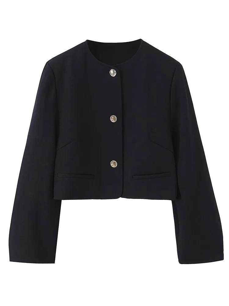 Eleganter kurzer Blazer-Mantel für Damen, schwarze Anzüge, schick, einreihig, Rundhalsausschnitt, Herbst 2022, neue Bürokleidung, lässige, dünne Blazer-Mäntel
