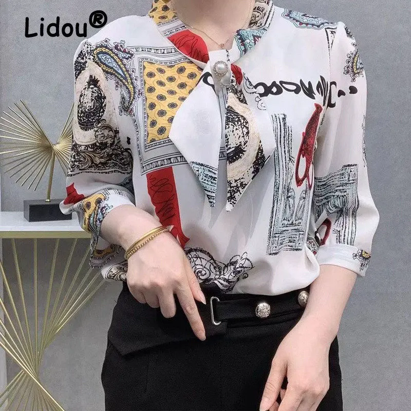 

Bow Elegant Chic Fashion Blouse Women Casual Loose Floral Graffiti Print Three Quarter Sleeve Shirt Ladies Tops Blusas Mujer 4XL