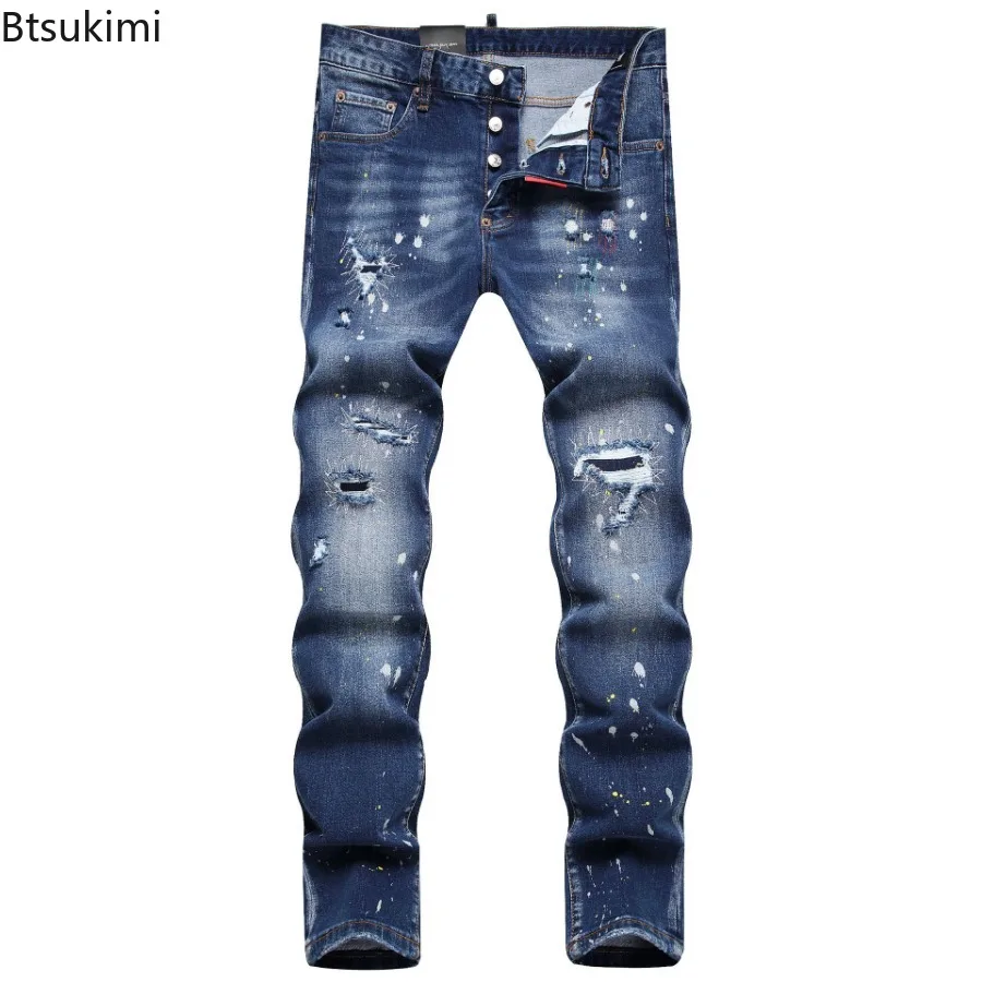 New Street Style Hip Hop Jeans Men's Ripped Holes Slim Stretch Straight Pencil Pants Trend Versatile Casual Denim Pants for Men