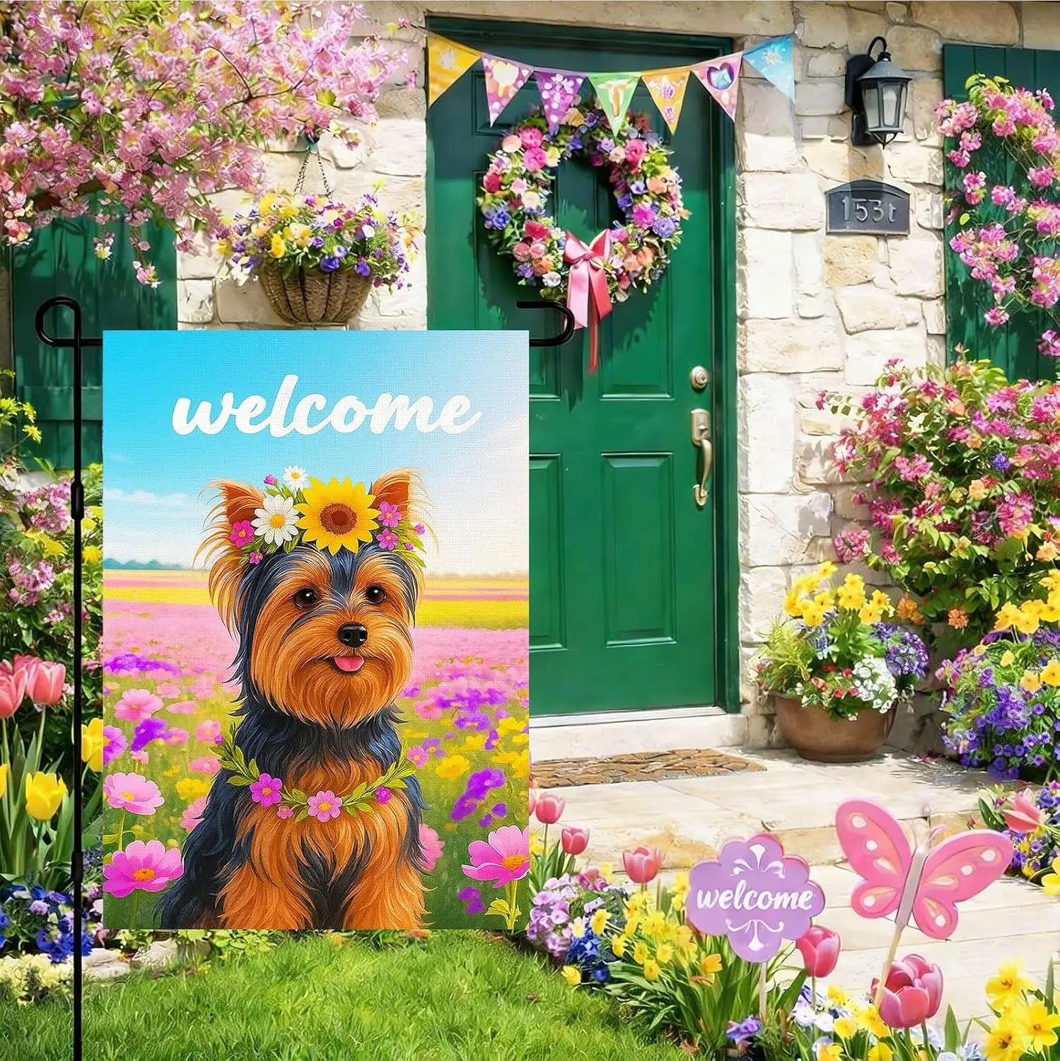 Yorkshire Terrier Dog Spring Garden Flag 12x18 Inch Yorkie Pup Flower Crown Sunflower Daisy Pink Wildflowers Floral Double S PPZ