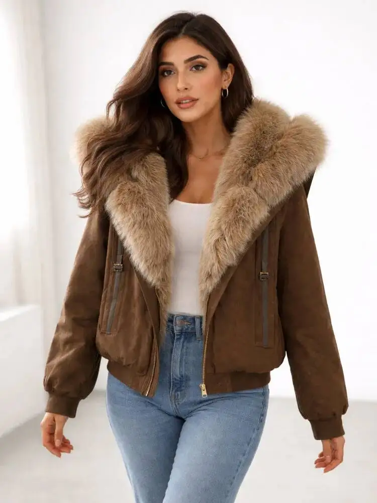 ONEXWEN Luxury Suede Jacket Women Winter Thick Warm Natural Fur Collar Hooded Down Coat Brown Parka Bomber Outerwear ZM5393