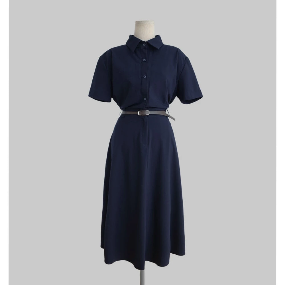 Autunno coreano vintage elegante chic abito lungo da donna bavero manica corta cintura in vita abito camicia minimalista da ufficio signora