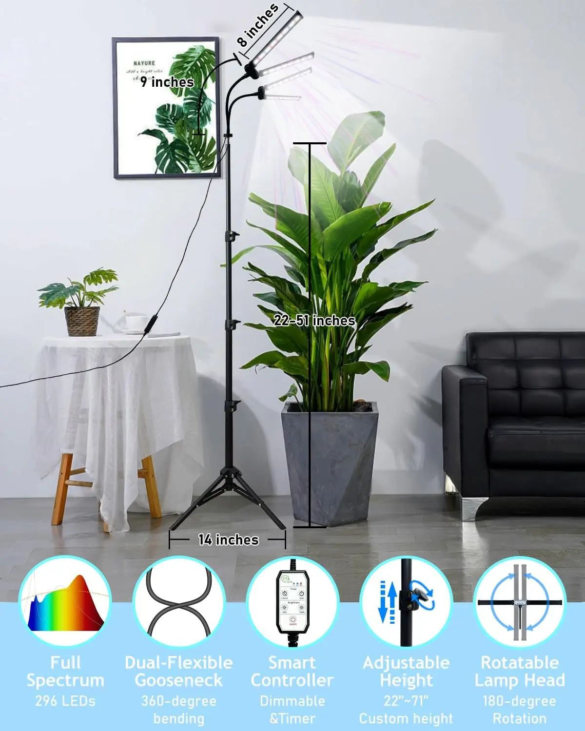 led植物育成ライト-220v-フロアランプ-三脚スタンド付き-6000k-フルスペクトルled育成ライト-タイマー付き-調光可能-明るさ調整可能