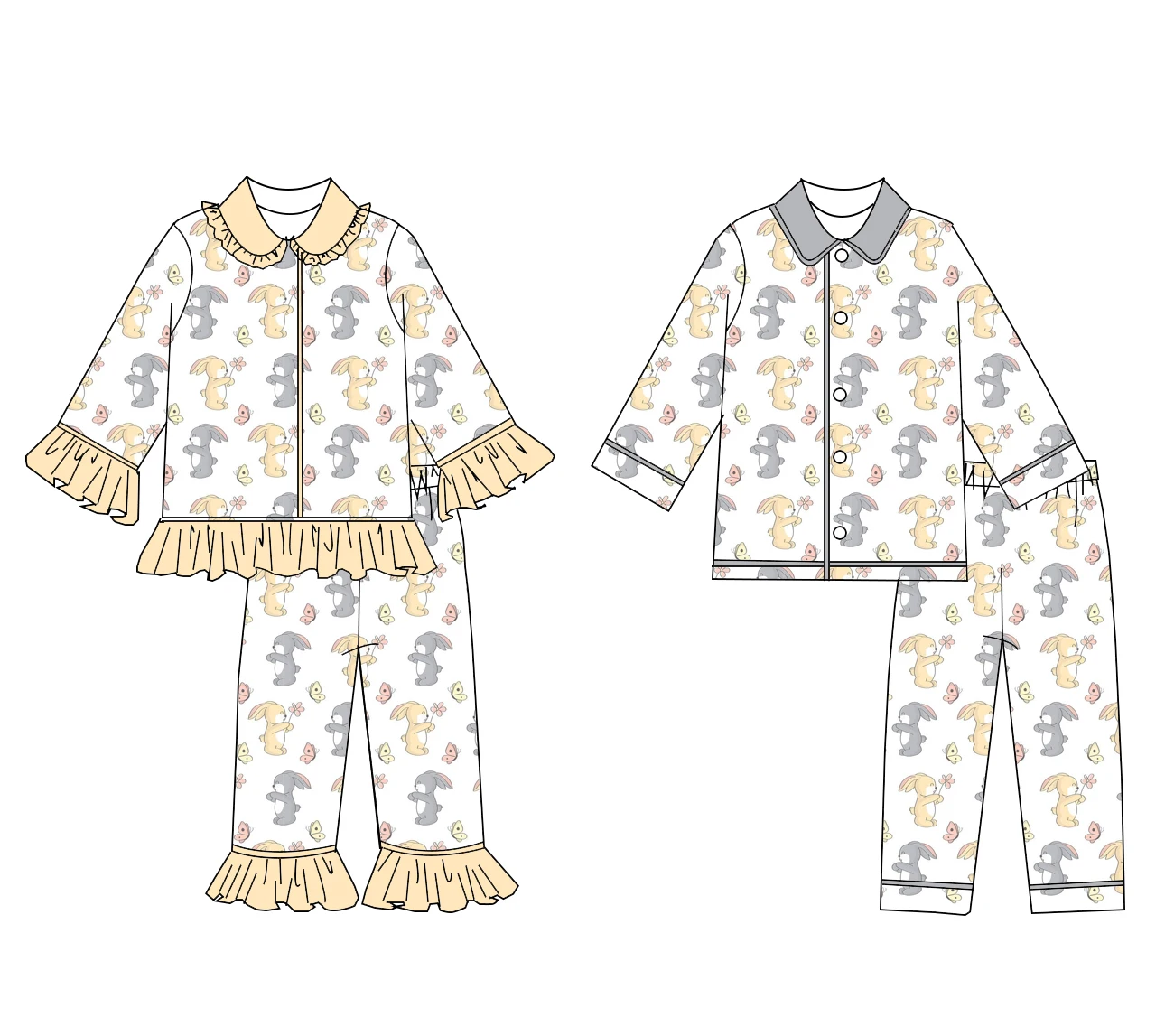 

Easter Boutique Children's Set: Lapel long-sleeved lace long Pants Lace Girl and Boy Set, Rabbit Print Baby 2-piece set