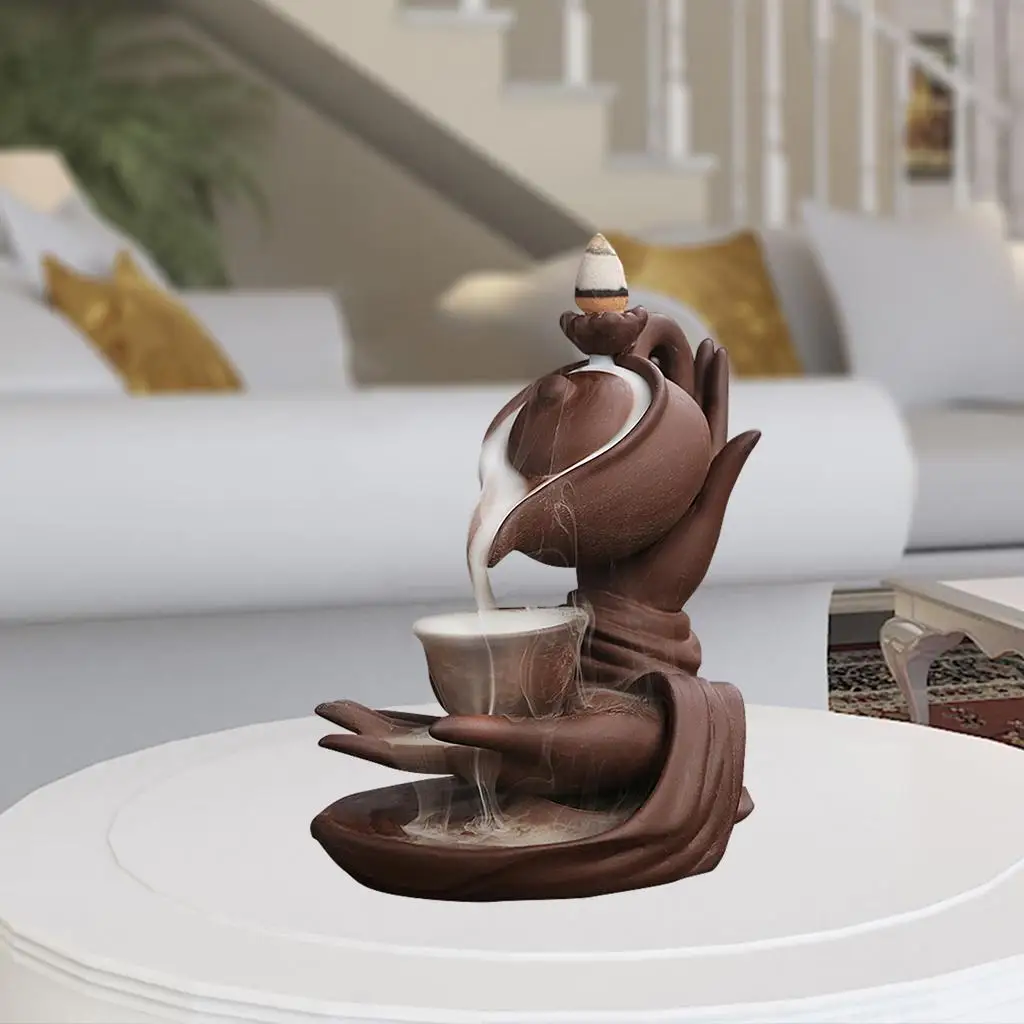 Buddha Hand & Teapot Shaped Incense Cone Burner Holder Waterfall Backflow Home Meditation Rooms Decor
