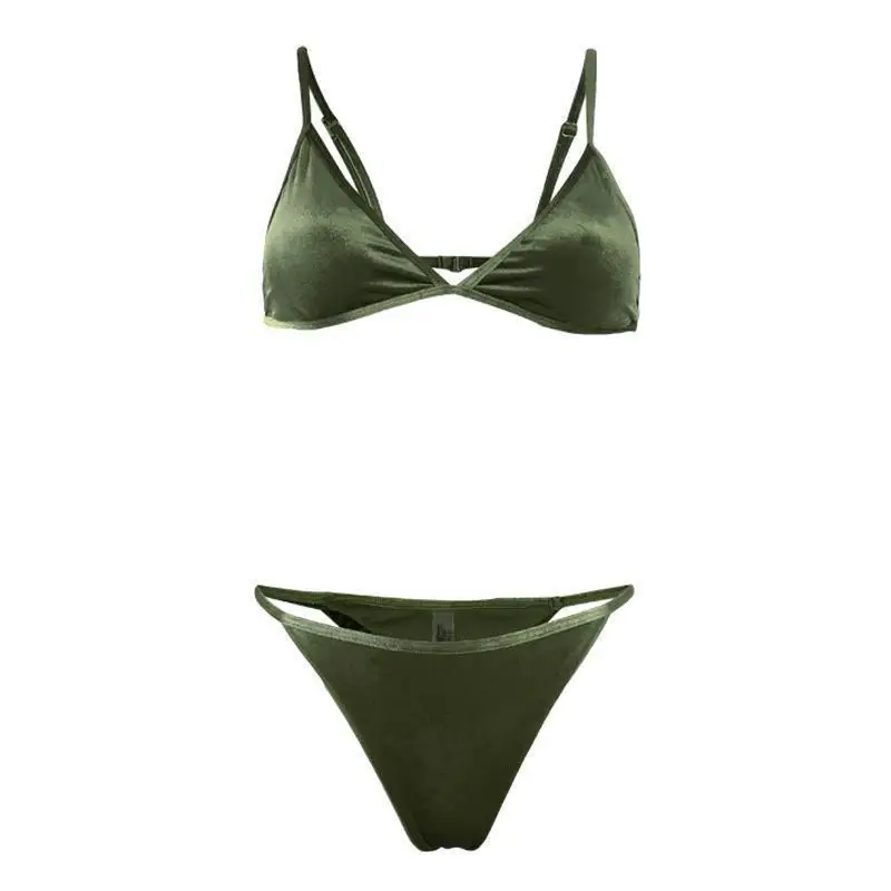 

Elegant Olive-Green Velvet Bikini Set Adjustable Triangle Cup & Thong Bottom | Stylish Wine-Red Swimwear | Beach & Pool Fashion