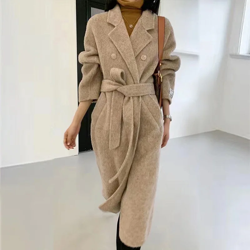 

Promotion 2023 Autumn Women Drouble Breasted Woolen Coat With Belt Mulberry Silk Cashmere Winter Clothes Long Coats Tops