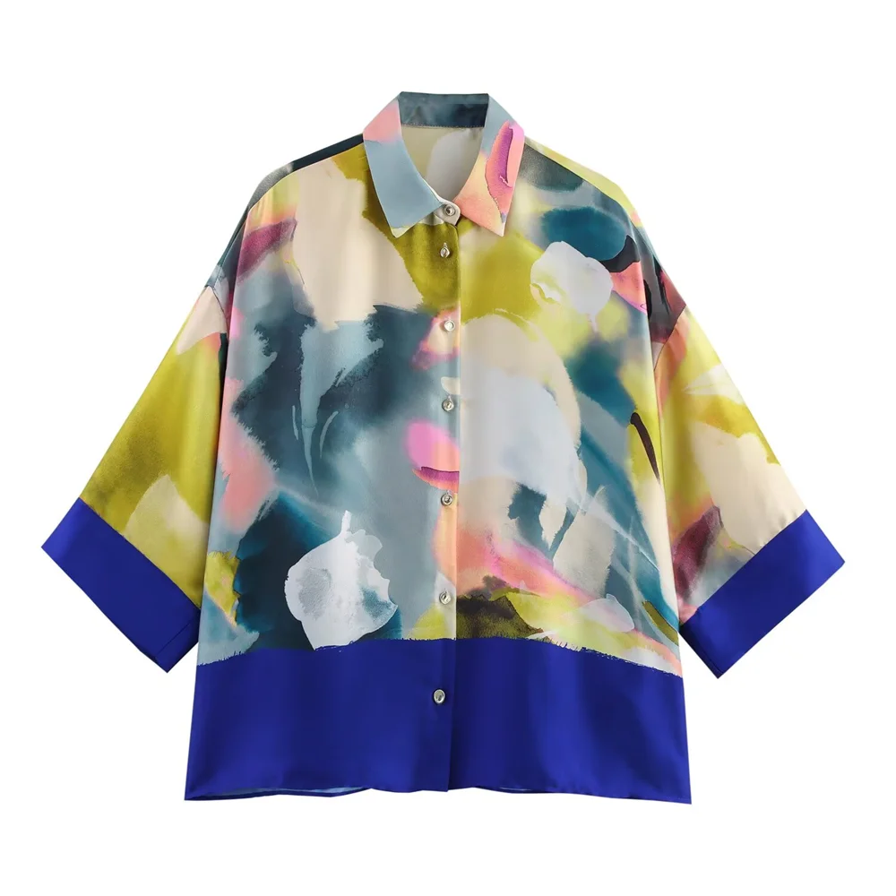 

PB&ZA 2025 Trendy Women's Stylish Abstract - pattern Blouse Oversized Shirt with Abstract Prints and Contrast Cuffs