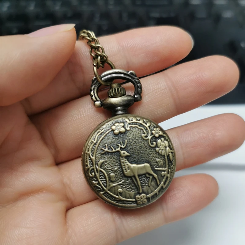 Bronce encantador Longhorn Elk Animal cuarzo Vintage reloj de bolsillo collar largo cuerno ciervo colgante joyería cadena relojes grabados