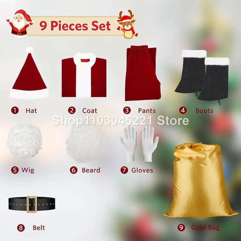 Christmas Clothing Santa Claus Clothing Set Men's Luxury Christmas Set 9-piece Wine Red Santa Claus Clothing