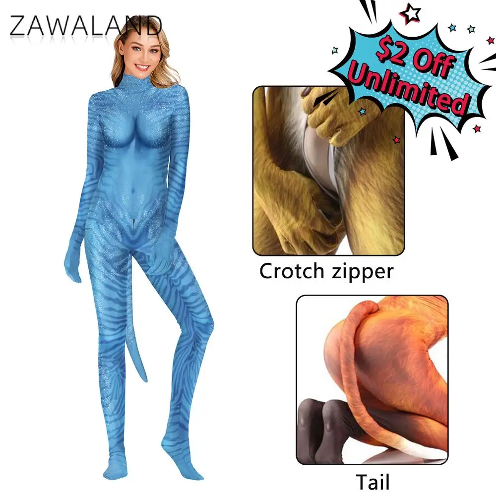 Zawaland Halloween Carnival Cosplay Zebra 3D Printing  Printed Rompers Long Sleeve Bodycon Clothes Catsuit Costumes With Tail