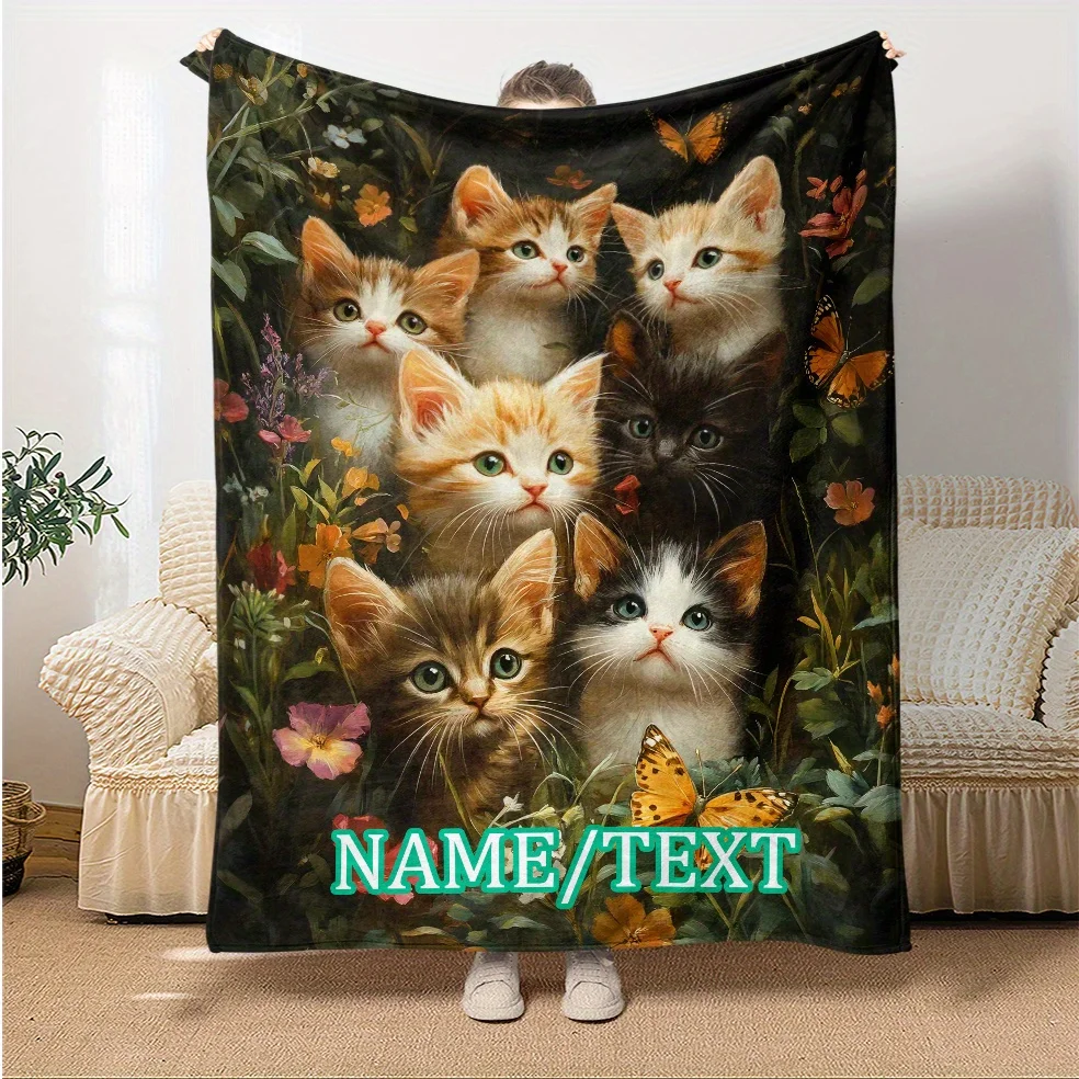 Manta de franela de gato personalizada y linda con nombres personalizables, un regalo cálido y suave adecuado para sofás cama, oficinas de viaje.