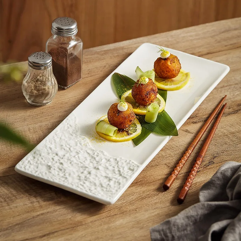 Half Stone Pattern Long Strip Plate Ceramic Sushi Plate Dessert Snack Plate Dim Sum Plates Artistic Conception Tableware